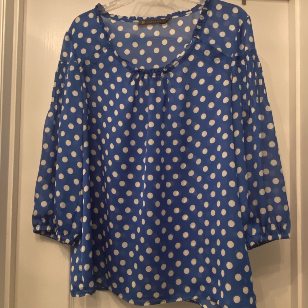Blue and white polka dot top